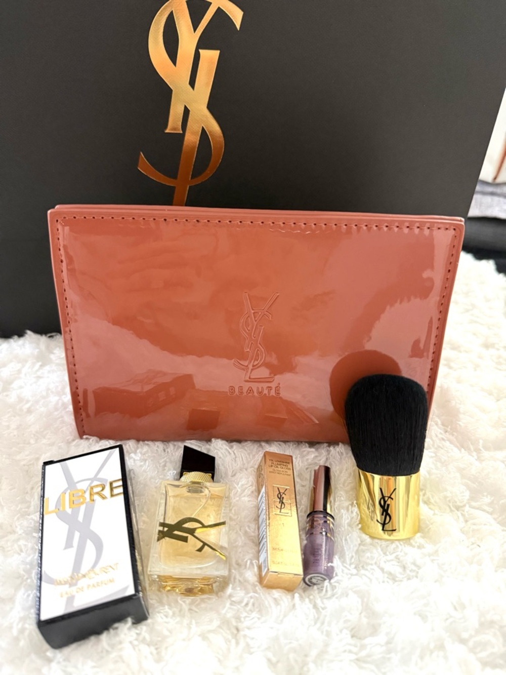 Yves Saint Laurent Coral Patent Cosmetic Pouch with Gold-Accent Brush